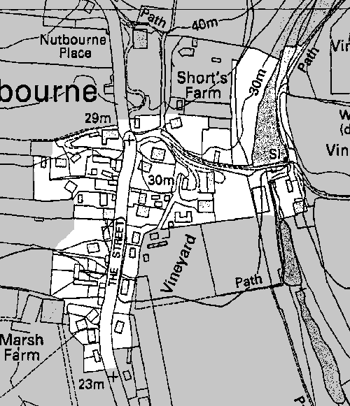 A map showing the Nutbourne Conservation Area, as defined when it was set up on 3 December 1973. It still stands today.