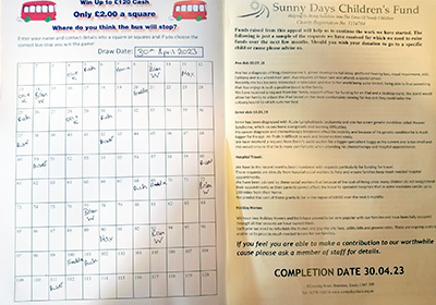 The Rising Sun's Charity Competition is selling squares in this grid for &pound2 each in aid of the Sunny Days Children's Fund. Please call into the pub to buy a square, or come to our next meeting to witness the next draw.
